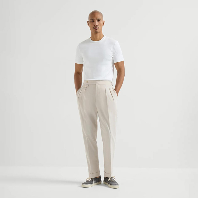 brunello cucinelli batavia cotton pleated straight leg trousers